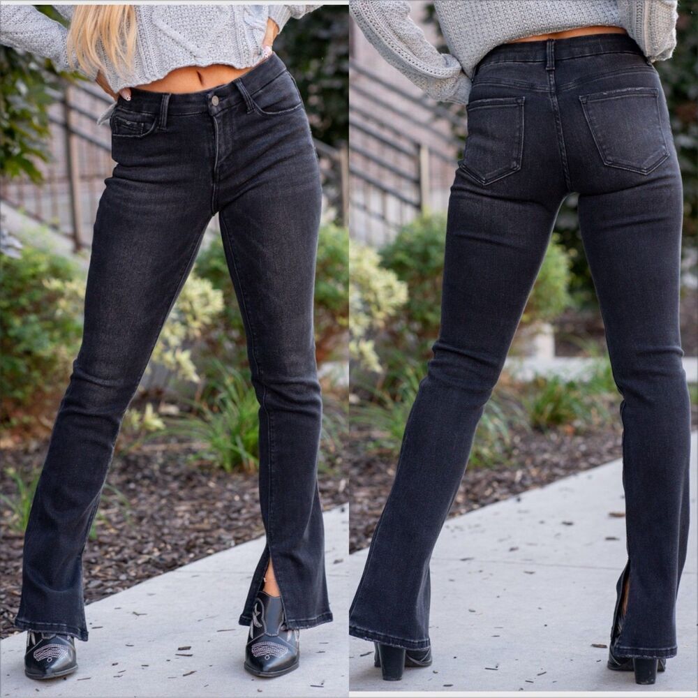 Vervet Slim Boot Cut Jeans Size 31 Black Mid Rise Slit Hem Stretch EUC